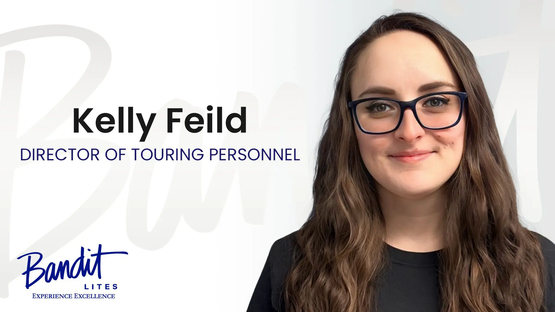 Portrait of Molly Feild, a member of touring personnel, wearing glasses and smiling.