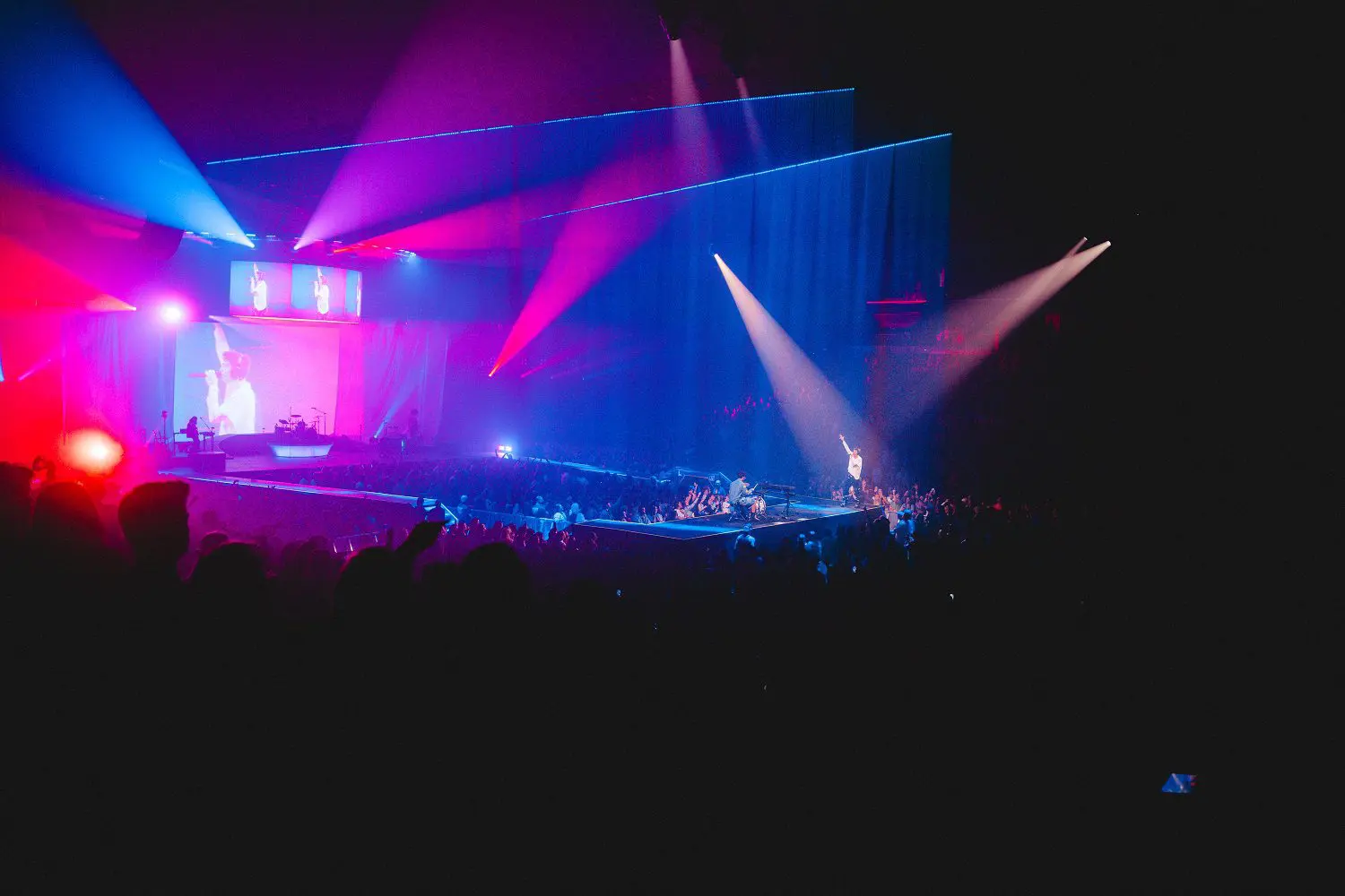 Live concert with vibrant pink and blue stage lights illuminating the crowd.