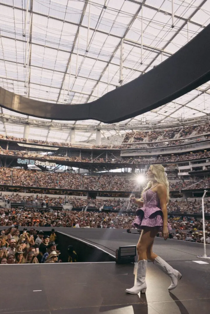 A performer shines under stadium lights in front of a massive crowd.