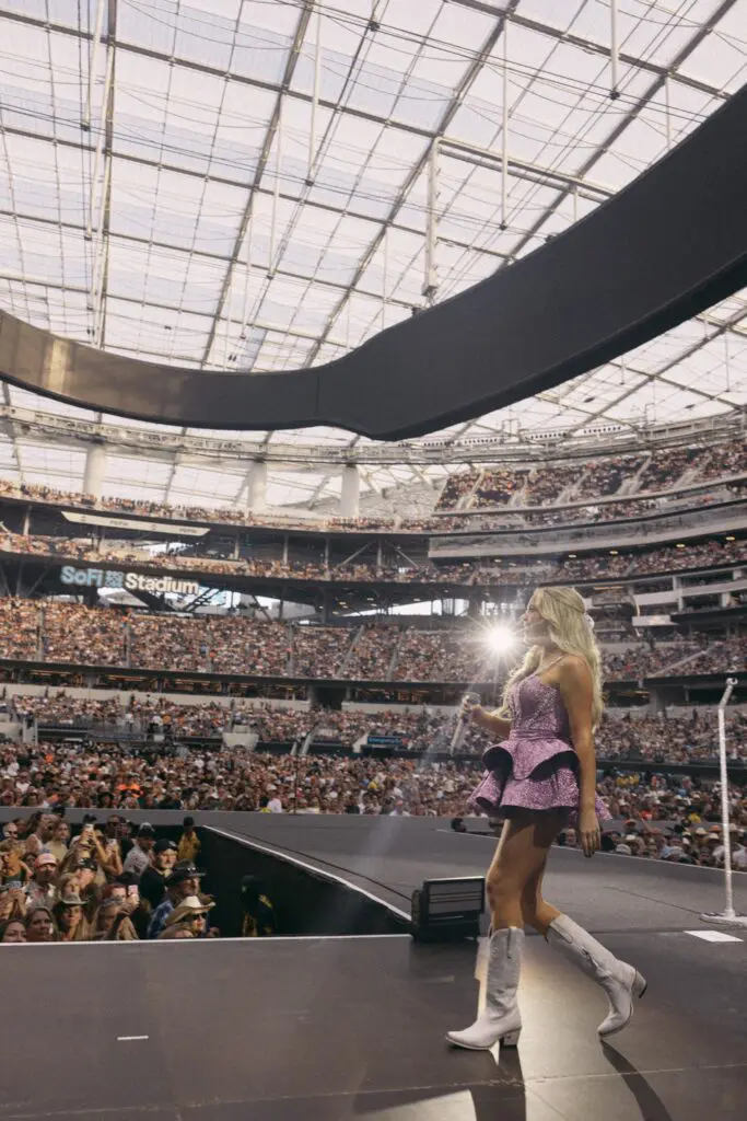 A performer shines under stadium lights in front of a massive crowd.