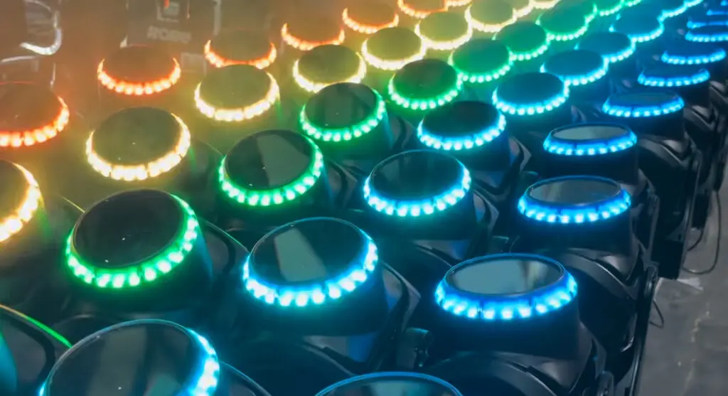 Close-up of colorful LED-illuminated control knobs.