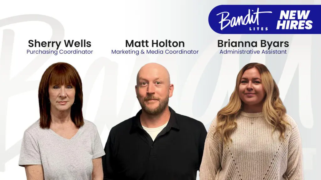 Three professionals pose for a company photo with their names and titles above.