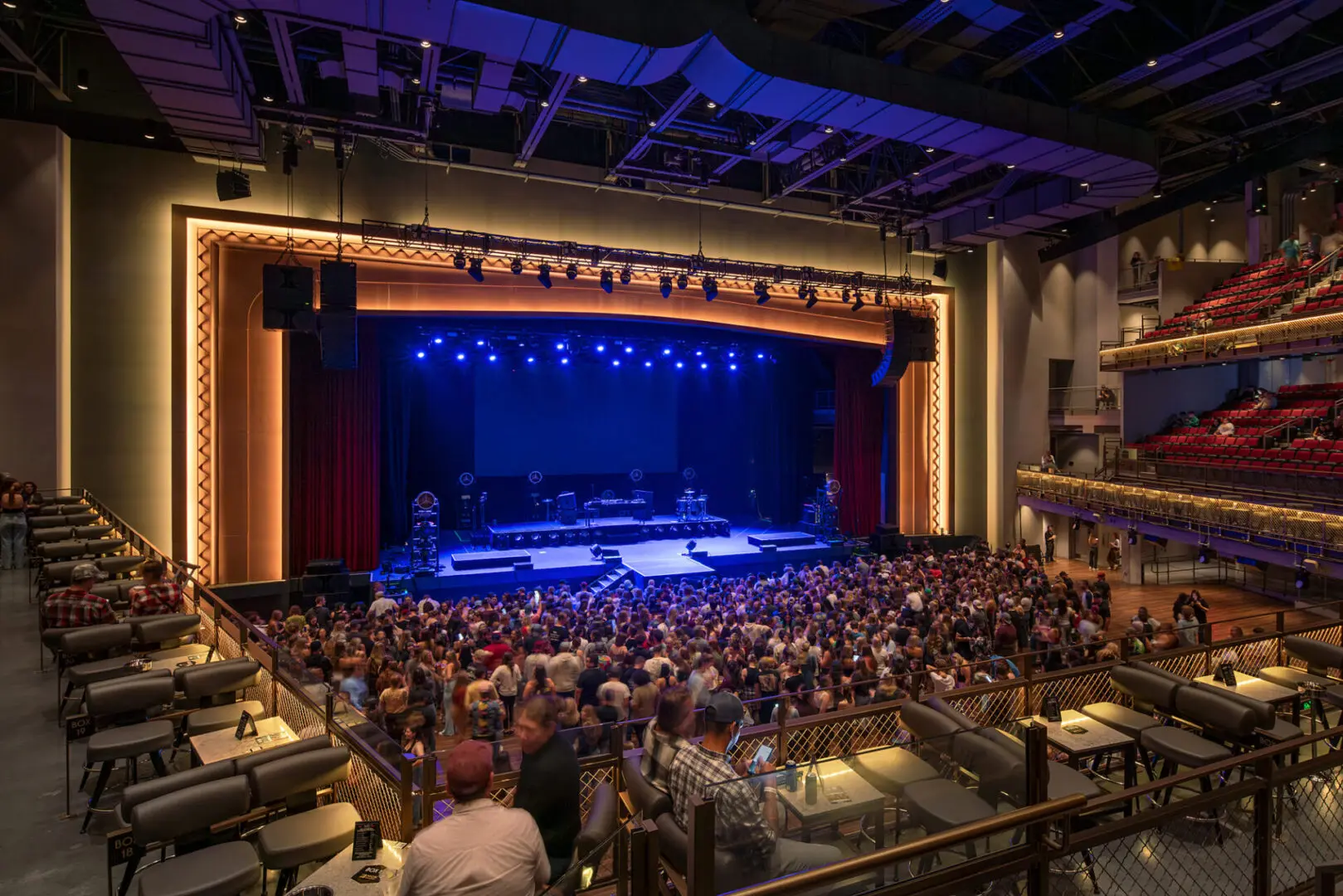 A large crowd gathers in a theater for a live concert.