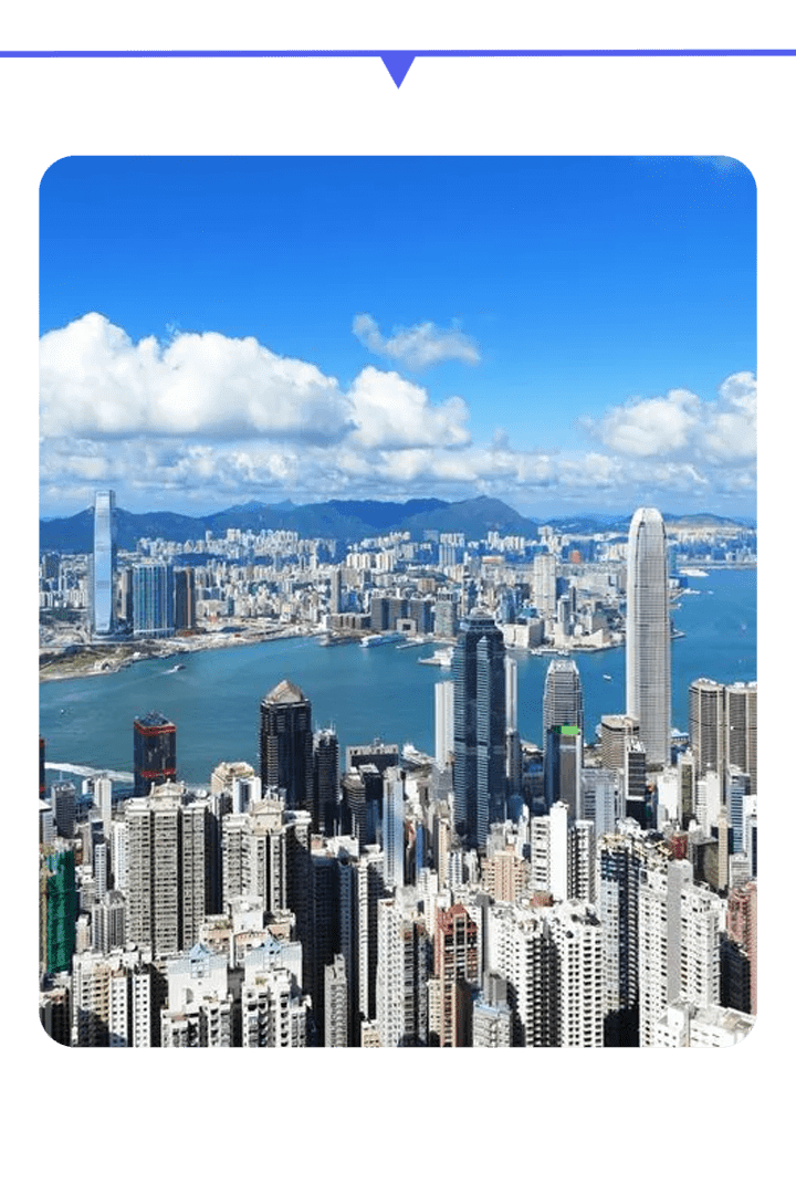 City skyline with tall buildings and a clear blue sky.