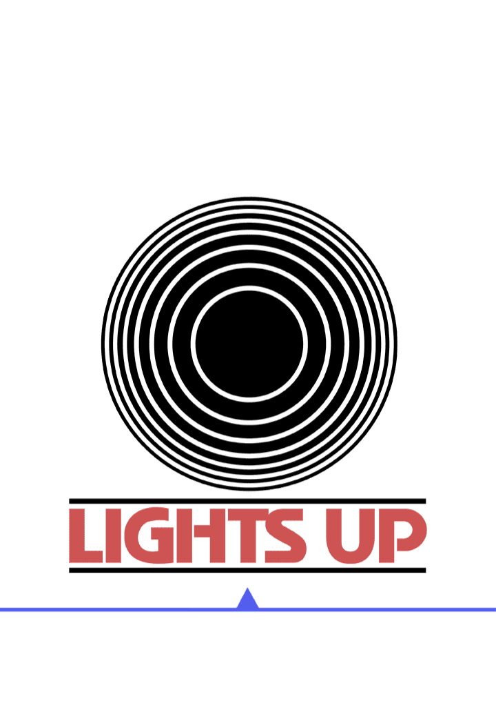 A black and white concentric circle design with 'LIGHTS UP' text below.